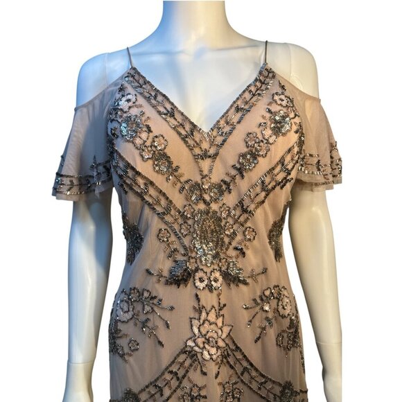 Aidan Mattox Blush Beaded Cocktail Dress Size 4 V-Neck Short Sleeve EUC - Picture 4 of 9